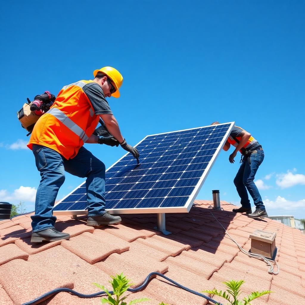 Instalação profissional de painéis solares em telhado residencial
